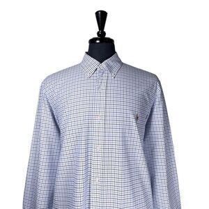 Ralph Lauren Mens XXL 2XL Oxford Shirt Blue White Plaid Cotton Preppy Casual